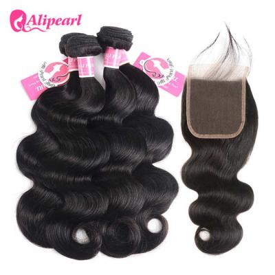 China Body Wave Human Hair Bundles With Closure 4×4 Brazilian Remy Hair Natural Part for sale