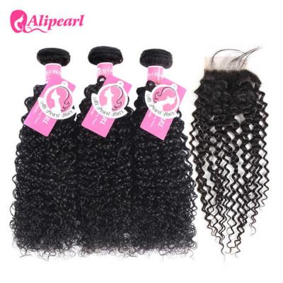 China Brazilian Virgin Hair 4 Bundles With 4×4 Lace Closure Kinky Curly Wave Hair for sale