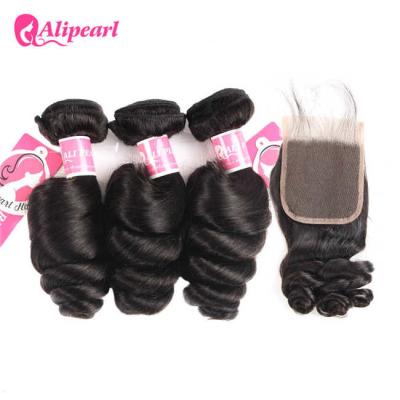 China Loose Wave Brazilian Human Hair Bundles With Closure Natural Black Color for sale