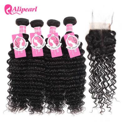 China 100 Virgin Deep Wave Brazilian Weave Bundles With Lace Closure 4×4 for sale