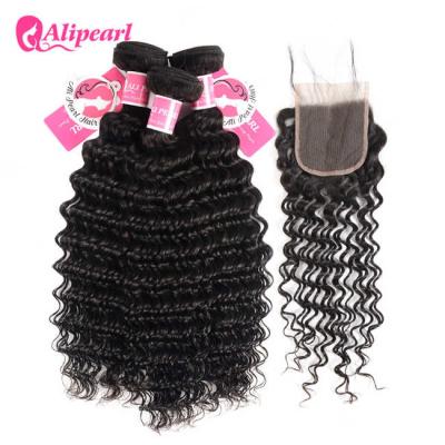 China Brazilian Deep Wave 3 Bundles Human Virgin Hair Weave With Lace Closure for sale