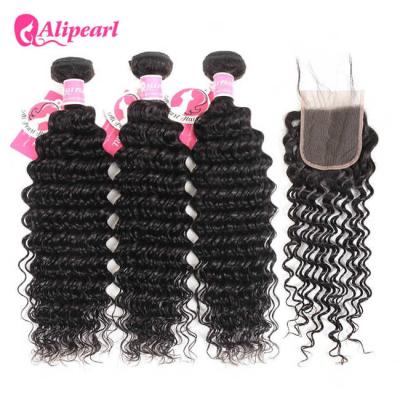 China Deep Wave Brazilian Human Virgin Hair Weave 3 Bundles WIth Lace Closure 4×4 for sale