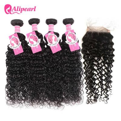 China Natural Wave Human Brazilian Curly Hair 4 Bundles With Lace Closure 4×4 for sale