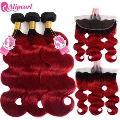 China Colored 1B/Red Ombre Hair Bundles With Closure Body Wave Dark Roots for sale