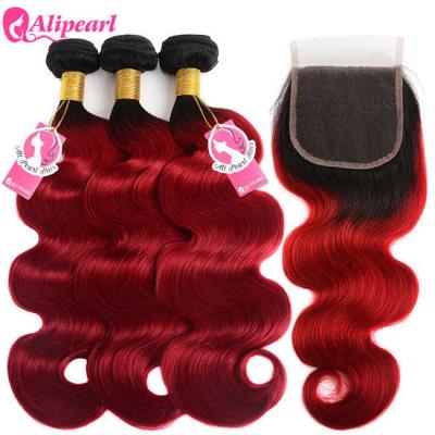 China 1B/Red Body Wave Hair Ombre Color Human Hair Bundles With Lace Closure for sale