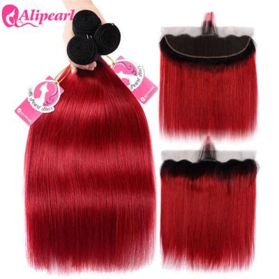 China Straight Ombre Hair Bundles With Closure 1B Red Color 100% Human Hair for sale