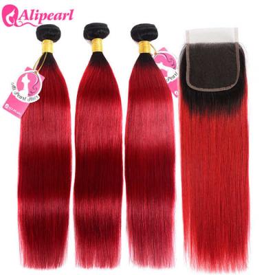 China Virgin Human Ombre Hair Bundles With Closure 1B/Red Color Silky Straight for sale