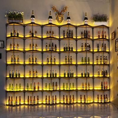 China NEYI WR001 Custom Made Hot Selling Solid Wood Wall Mounted Iron Wine Rack Wine Cabinet Wine Display with Light for Bar Restaurant for sale