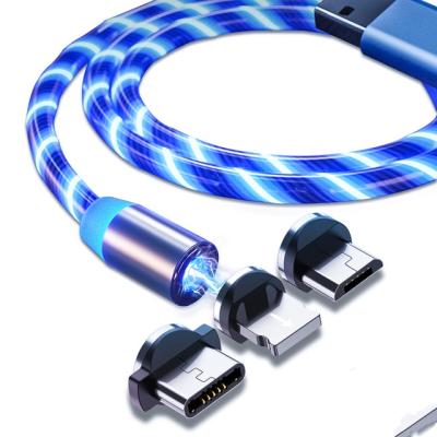 China Fast Charging 3 In 1 LED Glow Magnetic Flow Charger USB Led Cable Micro USB Type C Charging All In One Magnet USB Cable Fast Charger Iphone for sale