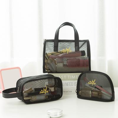 China Wholesale New Fashion Stock Mesh Bag Wash Makeup Travel Storage Bag Transparent Swim Bag Breathable Mesh Swimming Three Sets for sale