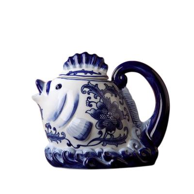 China Handmade Viet Nam Jingdezhen Blue and White Carp Teapot Ornaments Kettle and Finished Ceramic Tea Cup Set for sale