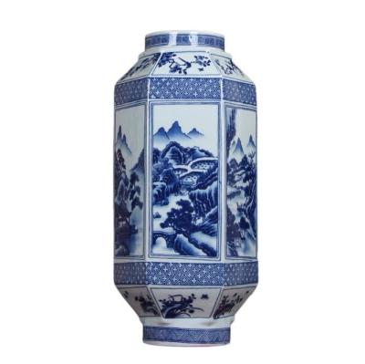 China (1300 degree) high temperature fired blue and white home vases decoration vase landscape painting porcelain menu stilt for sale