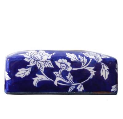 China Stored / Healthy / Eco-friendly Jingdezhen Blue And White Ceramic Tissue Box Hand Printed Paper Box For Home Use for sale