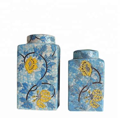 China Blue Square Home Decor Flower Design Embossed Ceramic Flower Storage Stocked Pot for sale