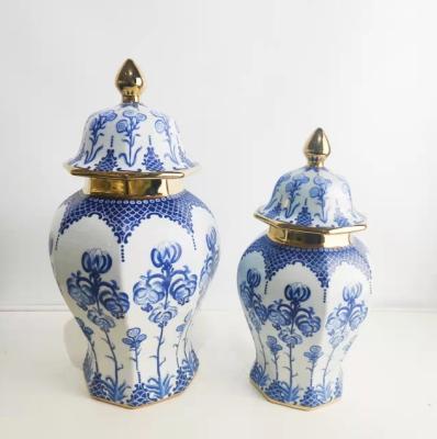 China Blue and White Ceramic Jar New Stocked/Healthy/Eco-Friendly Luxury Chinese Hot Selling Ginger Vase Gold Decorative Item for sale