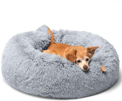 China Soft Medium Plush Pompom Pet Bed Round Shape Bolster Dog Bed Soft Plush Cat Cave Bed Pet Supplies Donuts for sale