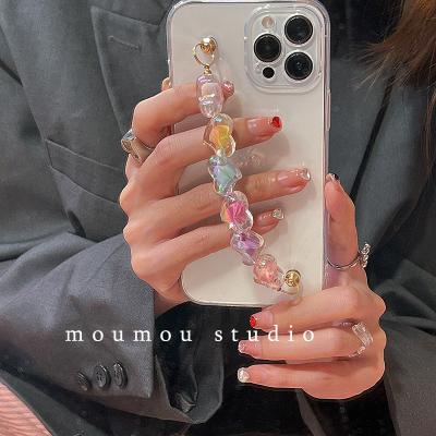 China Shockproof Luxury Cute Heart Love Heart Wrist Strap Cell Phone Chain Case For Iphone 13 Pro 12 11 Xr X Xs Max Clear Soft Phone Cover for sale