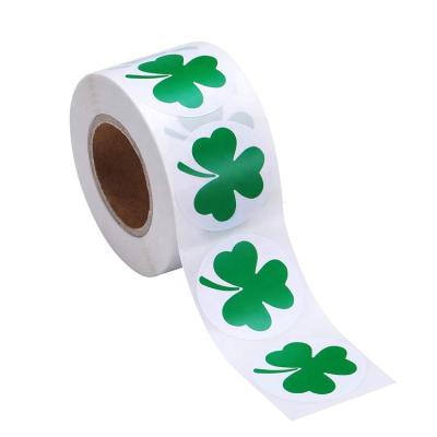 China Shiny Roll Around Lucky Green Clover Leaf Shamrock Label Stickers Self Adhesive Shiny Paper Decals for Christmas St Patrick's Day for sale