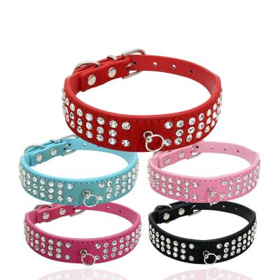 China Stocked Tureda Diamond Rhinestone Pets Dog Collars Suede Leather Small Medium Dogs Leashes Adjustable Puppy Chihuahua Yorkshire Collar for sale