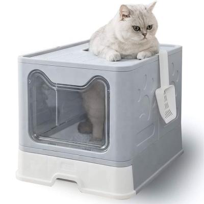 China Cat Litter Box with Lid Collapsible Plastic Cat Litter Box with Lid Top Entry Bin with Cat Litter Scoop for sale