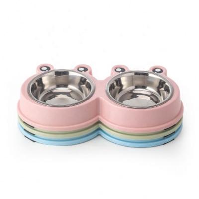 China Wholesale Viable Stainless Steel Big Eyed Pet Pattern Frog Cartoon Color Candy Bowl Cat Dog Food Bowl Double Dish Bowl for sale