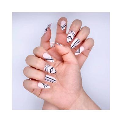 China Special flexibility design fake nails geometric line pattern pink ballet treble nail acrylic artificial nails for sale