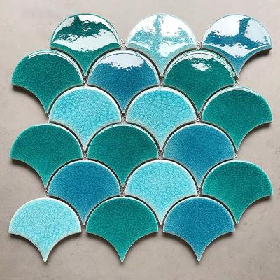 China Cheap Parquet Price Fan Shape Fish Scale Porcelain Slab Mosaic Mixed Malachite Green for sale