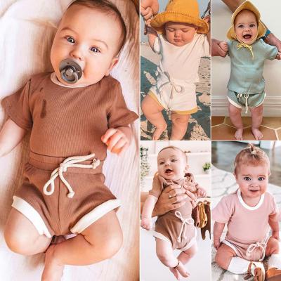 China Boys Girls Solid Color Anti-Shrink Newborn Ribbed Cotton Tops T-shirts And Shorts Sets Summer Baby 2Pcs Sets For Babies for sale