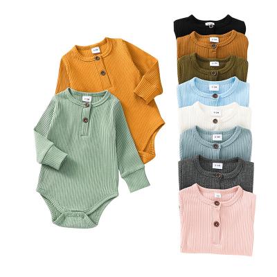 China Breathble Cozy Wholesale Unisex Baby Long Sleeve Solid Color Jumpsuits Knit Stripe Triangle Crotch Button Rompers for sale