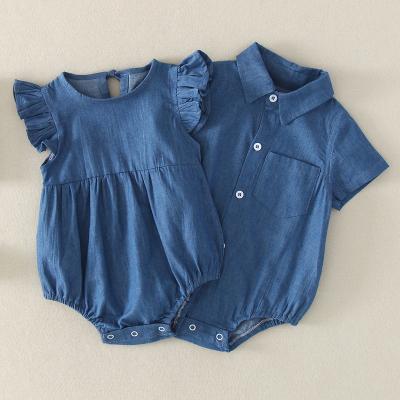 China 2023 Breathble Comfy Hot Selling 100%Cotton Baby Denim Romper Shorts Sleeve Babies Girls Unisex Denim Overalls for sale