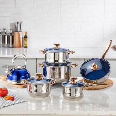 China Hot Stocked Wholesale 12 Pcs Stainless Steel Belly Body Shape Cookware Set With Glass Lid for sale