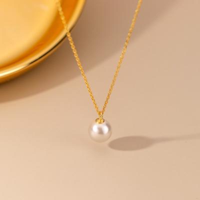 China TRENDY 925 Sterling Silver White Round Simple Shell Pearl Pendant Gold Color Plated Chain Necklaces Jewelry For Women for sale