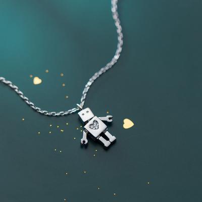 China TRENDY 925 Sterling Silver Cute Robot Pendant with Zircon Love Heart Statement Necklaces Jewelry for Women for sale