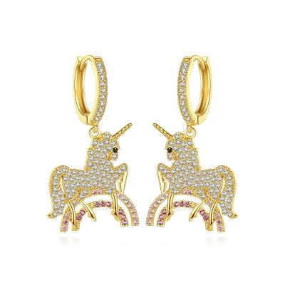 China FASHIONABLE Animal CZ Unicorn Pendant 18K Gold Plated Cubic Zircon Circles Earrings For Women Fashion Design Brass Jewelry for sale