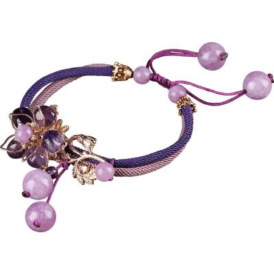 China Retro Vintage Antique Ethnic Style Female Bracelet Hand Rope Braided Amethyst Bracelet Chinese Style Braided Accessories for sale