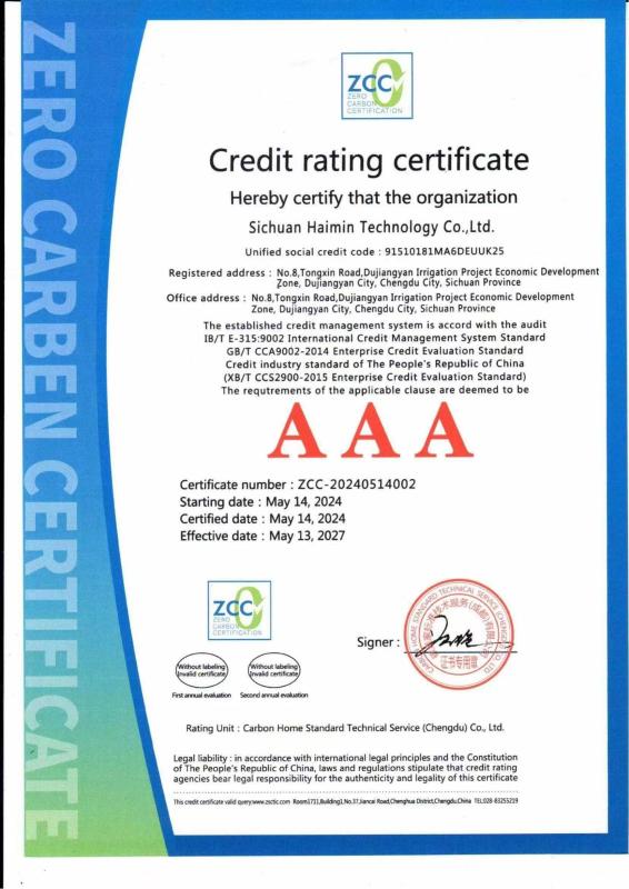 Credit rating certificate - Sichuan Haimin Technology Co., Ltd