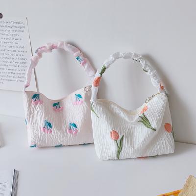 China Floral Girls Tote Bags Women Portable Underarm Bag Mini Canvas Handbag Summer Cute Fashion High Quality Flower Custom Embroidery for sale