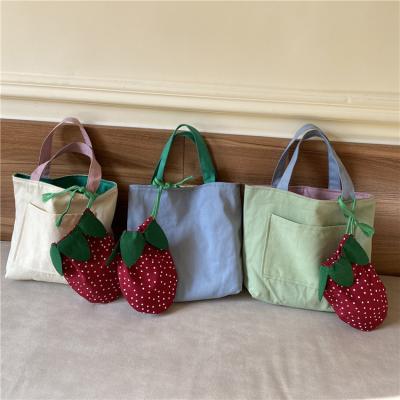 China High Quality New Strawberry Tote Bag Double-Sided Simple Small Cute Lunch Bento Box Bag Student Canvas Handbag For Women for sale