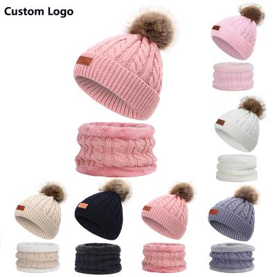 China Cute 2021 Logo Fashion Baby Kids Toddler Beanies Winter Hats And Scarf Knitted SEAL Sets COMMON Custom Hats Neck Set With Pom Pom For Kid for sale