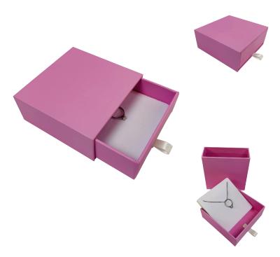 China Customized Modern Luxury Pink Drawer Gift Box Pull Box Necklace Jewelry White Foam Insert With Ribbon Handle for sale