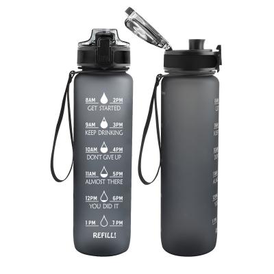 China Stocked Trendy Plastic Sports Water Bottle With Time Motivational Identify By Lid 32oz Leakproof Tritan 1000ml BPA Free for sale