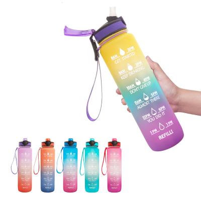 China Outdoor Portable Sports Discoloration Stocked Plastic Water Bottles With Tritan Straw 1000ml With 32OZ Time Marker for sale