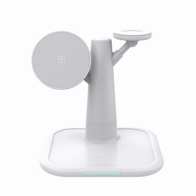 China Mobile Phone D06 Three In A Tree Wireless Charging Station Big Styling White Station Support Charging Phones Watches Earphones for sale