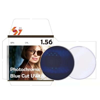 China Good Quality Super Blue Hydrophobic 1.56 Glass Photochromic Optical Glasses China Manufacturer Hmc Cut UV420 Glass Single Vision Glasses China Manufacturer for sale