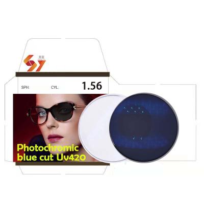 China 1.56 Lens Photochromic Blue Lens Cut UV420 Optical Lenses HMC Anti Photo Spectacle Optics Single Blue Light Gray Lents Optics for sale