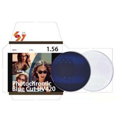 China 1.56 hmc photo cut UV420 lens manufacturers CR39 spectacle optical lenses single gray blue photochromic anit blue light vision lens for sale