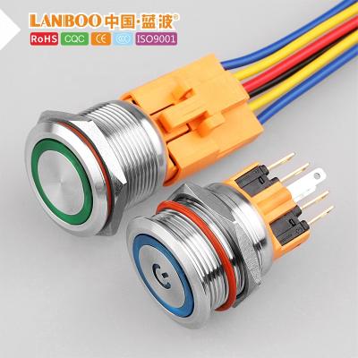 China LANBOO 22mm Head Flat Latch or Momentary Waterproof Switch with Power Symbol Connector Wire LB22B-PUSH Illuminated BUTTON LED Ring/SWITCH for sale