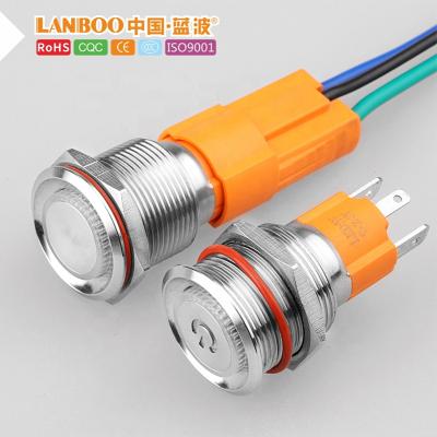 China LANBOO 19mm Flat Key High Head Momentary or Latching Waterproof Switch with LED Ring / Illuminated Power Symbol Connector LB19B for sale