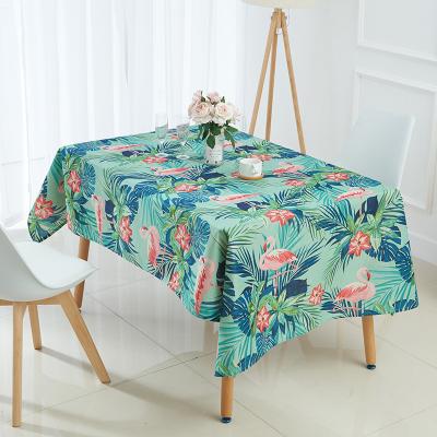 China New Arrival Waterproof Flamingo Colorful Floral Leaves Design High Definition Printed Woven Waterproof Desk Table Cloth for sale