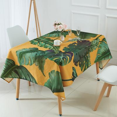 China Waterproof Polyester Palm Leaves Flamingo Design Woven Colorful Floral High Definition Printed Waterproof Desk Table Cloth for sale